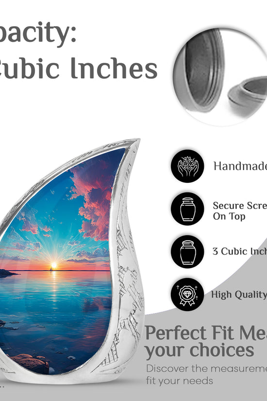 Soft Teal Beach Cremation Urn angled view of lid and engraved motif - flowing teardrop beach silhouette on curved aluminum - mini keepsake memorial for portion of cremation ashes