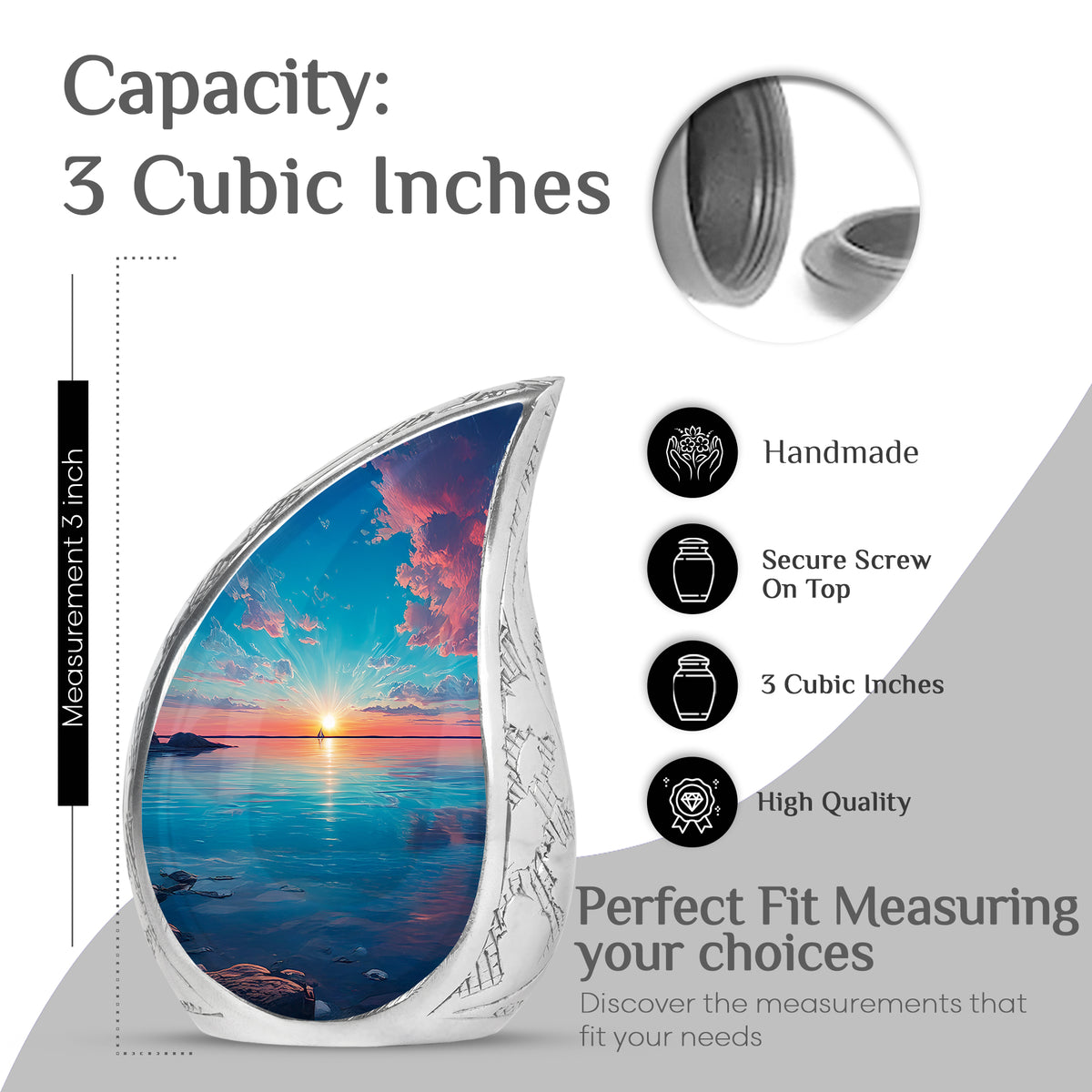 Soft Teal Beach Cremation Urn angled view of lid and engraved motif - flowing teardrop beach silhouette on curved aluminum - mini keepsake memorial for portion of cremation ashes