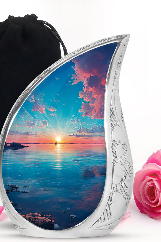 Mystic Teal Beach Cremation Urn front view showing detailed design - smooth teardrop contour featuring beach art - full-size 10 inch 200 cubic inch adult cremation urn