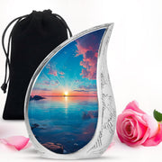 Mystic Teal Beach Cremation Urn front view showing detailed design - smooth teardrop contour featuring beach art - full-size 10 inch 200 cubic inch adult cremation urn