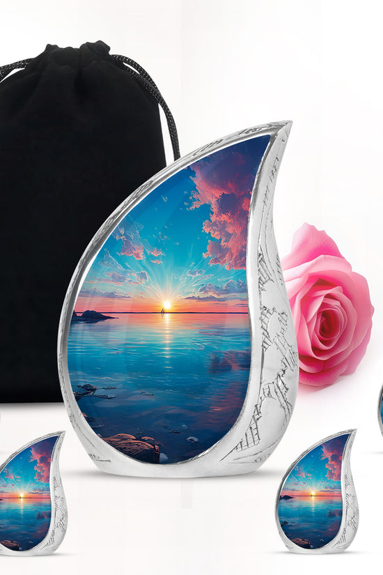 Deep Teal Beach Cremation Urn side profile showing urn shape - graceful tear-shaped urn with beach motif - memorial set with one large and four small urns