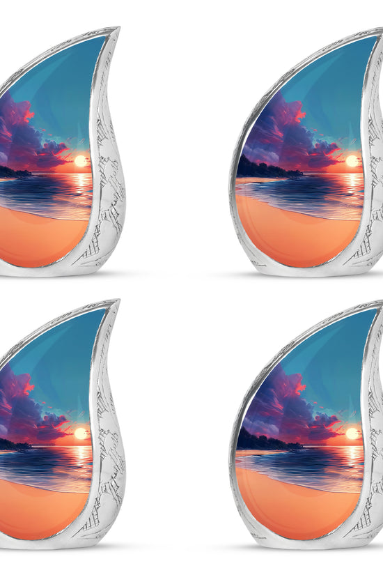 Twilight Blue Beach Cremation Urn close-up of engraving and surface detail - smooth teardrop contour featuring beach art - 10 inch aluminum urn for cremated remains