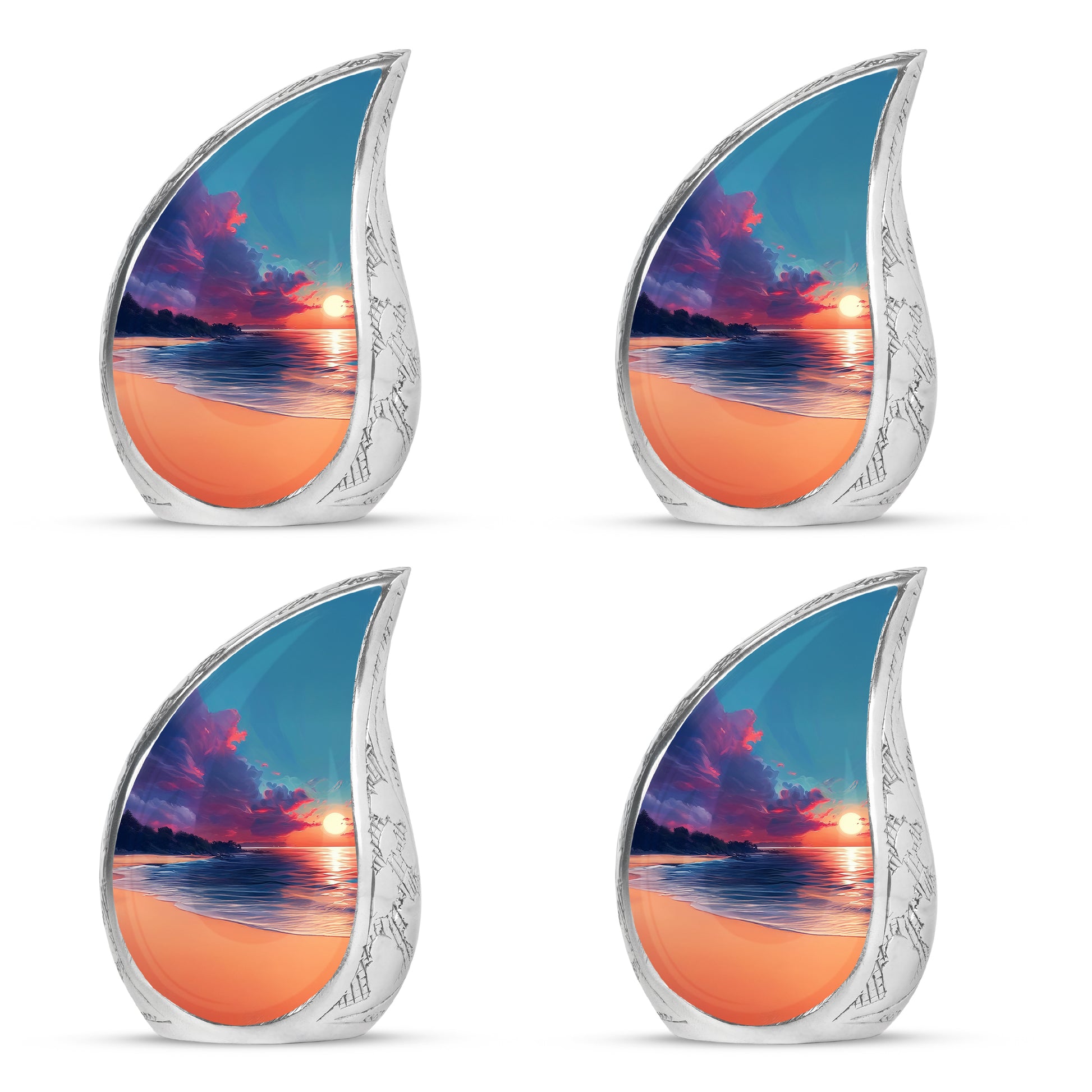 Twilight Blue Beach Cremation Urn close-up of engraving and surface detail - smooth teardrop contour featuring beach art - 10 inch aluminum urn for cremated remains
