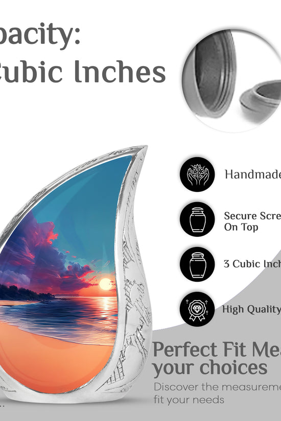 Twilight Blue Beach Cremation Urn angled view of lid and engraved motif - graceful tear-shaped urn with beach motif - mini keepsake memorial for portion of cremation ashes