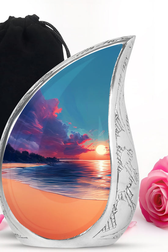 Twilight Blue Beach Cremation Urn front view showing detailed design - smooth teardrop contour featuring beach art - full-size 10 inch 200 cubic inch adult cremation urn