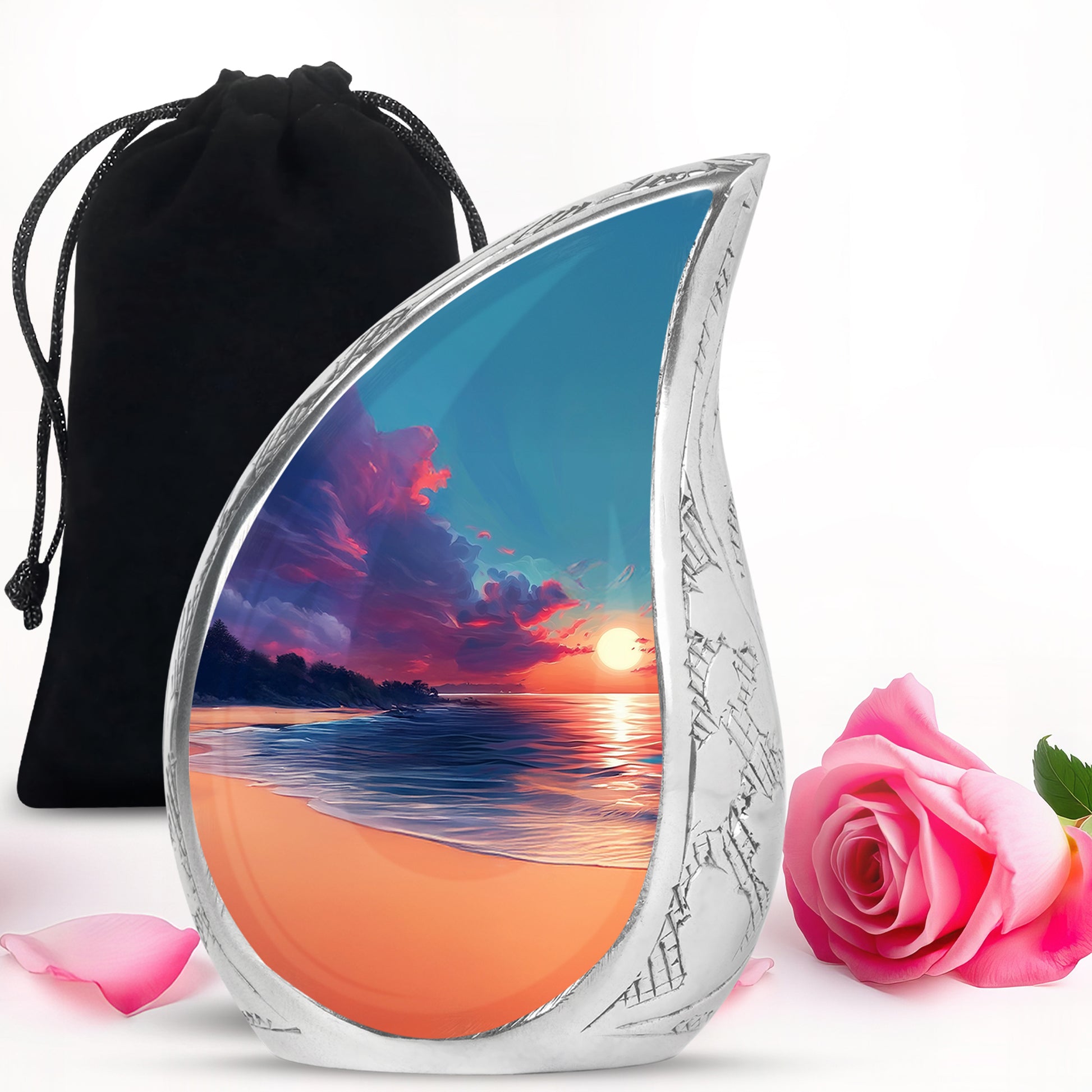 Twilight Blue Beach Cremation Urn front view showing detailed design - smooth teardrop contour featuring beach art - full-size 10 inch 200 cubic inch adult cremation urn