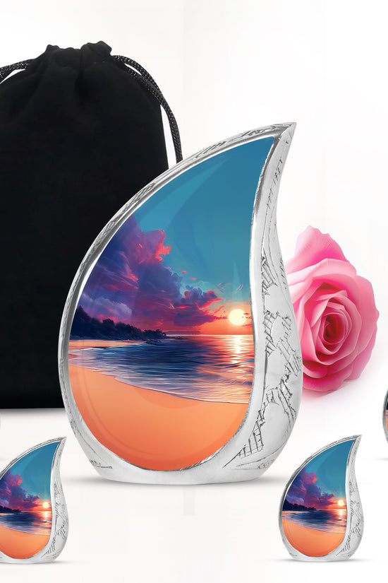 Twilight Blue Beach Cremation Urn side profile showing urn shape - graceful tear-shaped urn with beach motif - memorial set with one large and four small urns