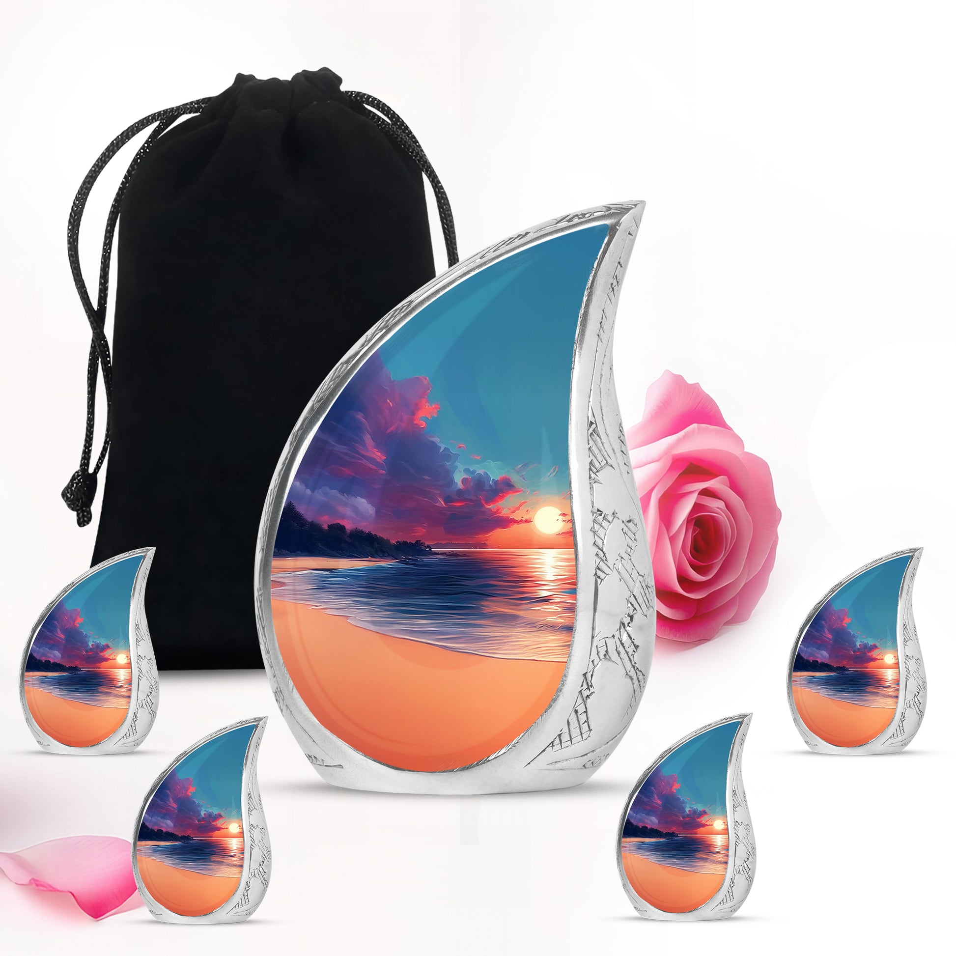 Twilight Blue Beach Cremation Urn side profile showing urn shape - graceful tear-shaped urn with beach motif - memorial set with one large and four small urns