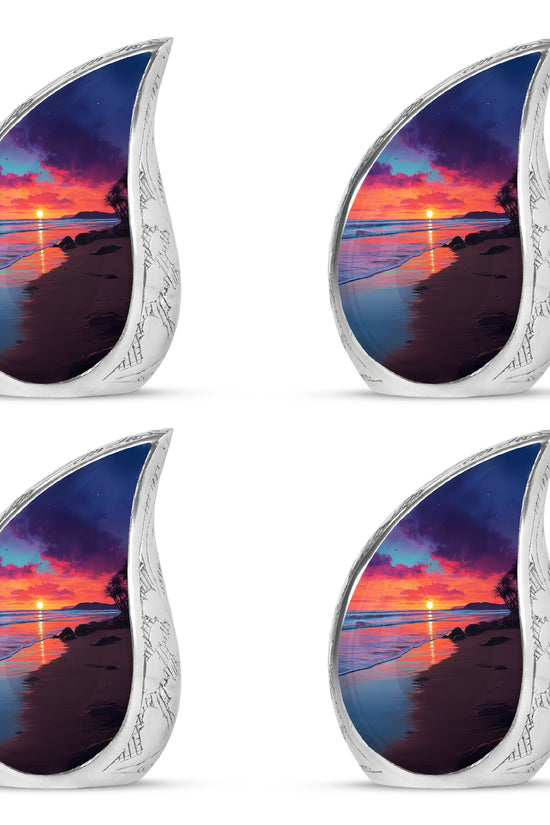 Azure Beach Cremation Urn close-up of engraving and surface detail - flowing teardrop beach silhouette on curved aluminum - 10 inch aluminum urn for cremated remains