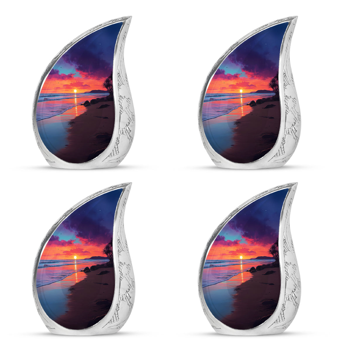 Azure Beach Cremation Urn close-up of engraving and surface detail - flowing teardrop beach silhouette on curved aluminum - 10 inch aluminum urn for cremated remains