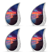 Azure Beach Cremation Urn close-up of engraving and surface detail - flowing teardrop beach silhouette on curved aluminum - 10 inch aluminum urn for cremated remains