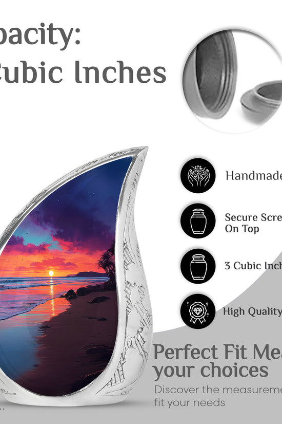 Steel Blue Beach Cremation Urn angled view of lid and engraved motif - graceful tear-shaped urn with beach motif - mini keepsake memorial for portion of cremation ashes
