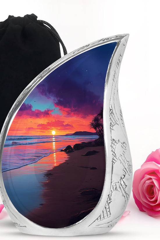 Sapphire Blue Beach Cremation Urn front view showing detailed design - smooth teardrop contour featuring beach art - full-size 10 inch 200 cubic inch adult cremation urn