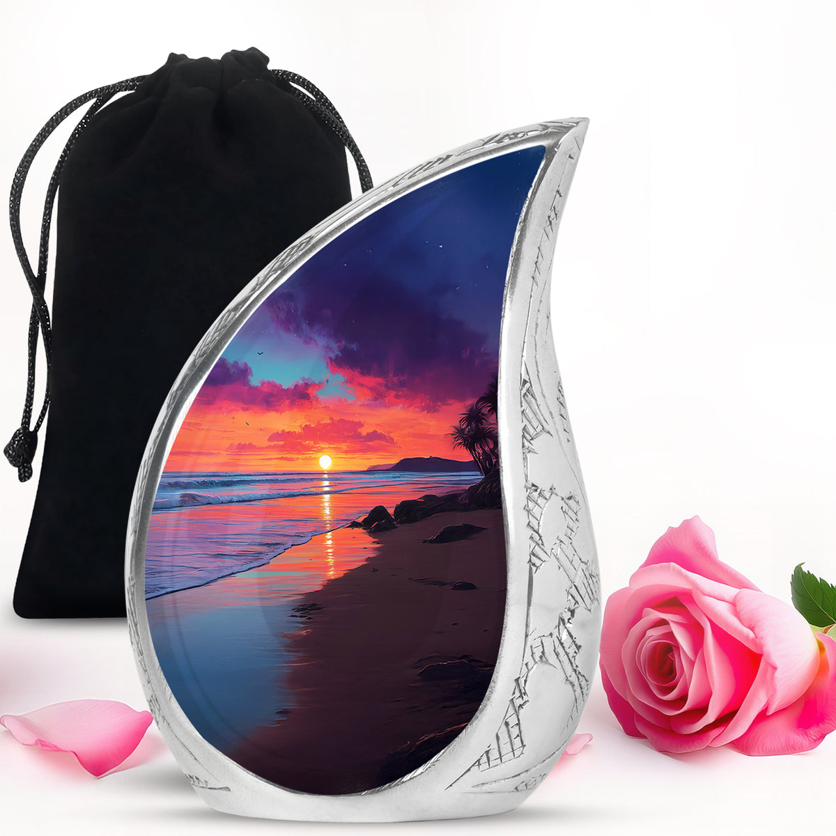 Sapphire Blue Beach Cremation Urn front view showing detailed design - smooth teardrop contour featuring beach art - full-size 10 inch 200 cubic inch adult cremation urn