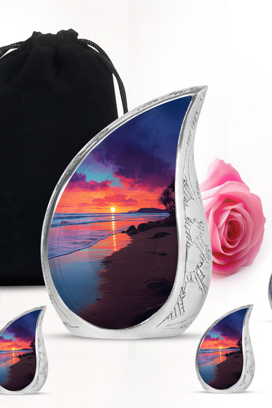 Twilight Blue Beach Cremation Urn side profile showing urn shape - smooth teardrop contour featuring beach art - memorial set with one large and four small urns