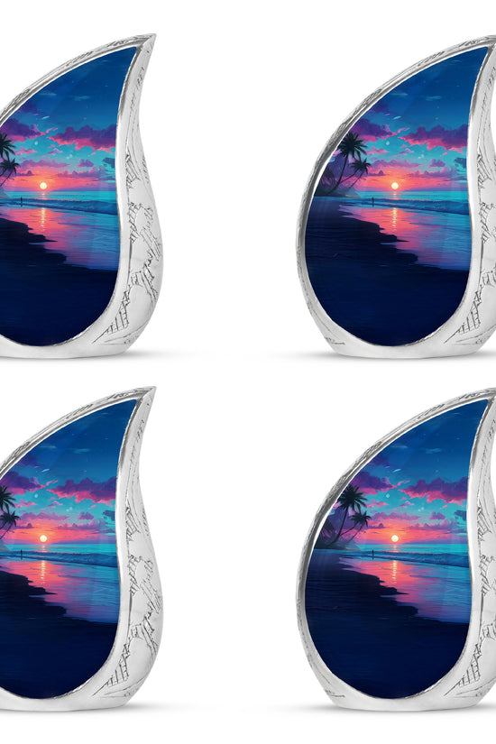Celestial Blue Beach Cremation Urn close-up of engraving and surface detail - flowing teardrop beach silhouette on curved aluminum - 10 inch aluminum urn for cremated remains