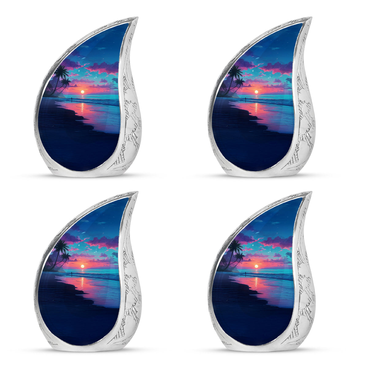 Celestial Blue Beach Cremation Urn close-up of engraving and surface detail - flowing teardrop beach silhouette on curved aluminum - 10 inch aluminum urn for cremated remains