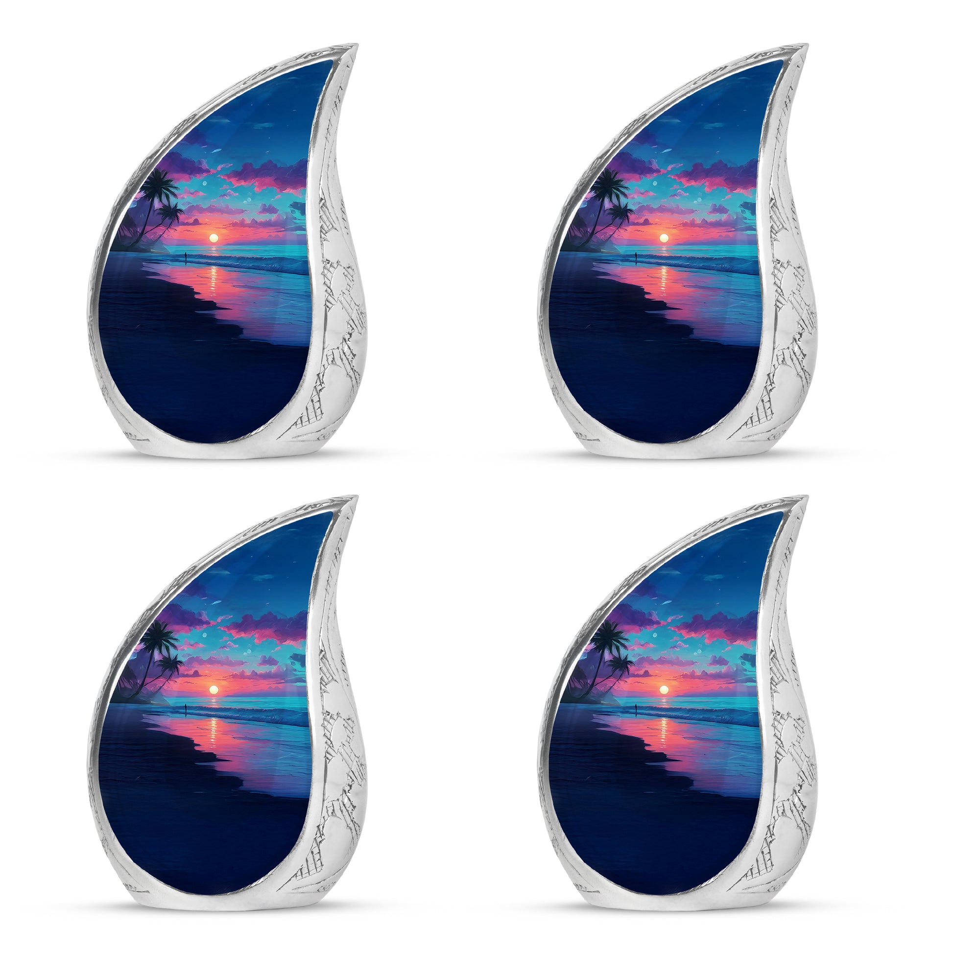 Celestial Blue Beach Cremation Urn close-up of engraving and surface detail - flowing teardrop beach silhouette on curved aluminum - 10 inch aluminum urn for cremated remains