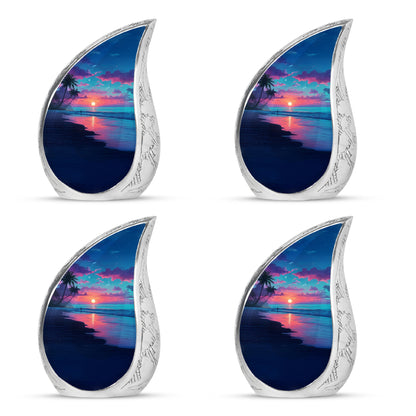 Celestial Blue Beach Cremation Urn close-up of engraving and surface detail - flowing teardrop beach silhouette on curved aluminum - 10 inch aluminum urn for cremated remains