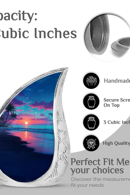 Celestial Blue Beach Cremation Urn angled view of lid and engraved motif - flowing teardrop beach silhouette on curved aluminum - mini keepsake memorial for portion of cremation ashes