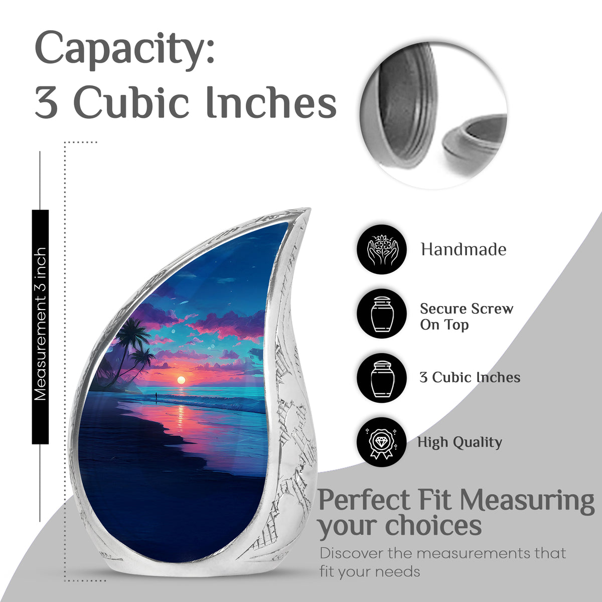 Celestial Blue Beach Cremation Urn angled view of lid and engraved motif - flowing teardrop beach silhouette on curved aluminum - mini keepsake memorial for portion of cremation ashes