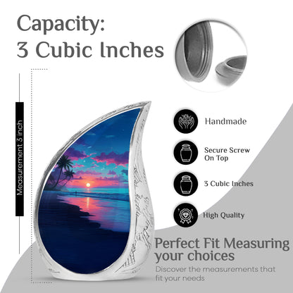 Celestial Blue Beach Cremation Urn angled view of lid and engraved motif - flowing teardrop beach silhouette on curved aluminum - mini keepsake memorial for portion of cremation ashes