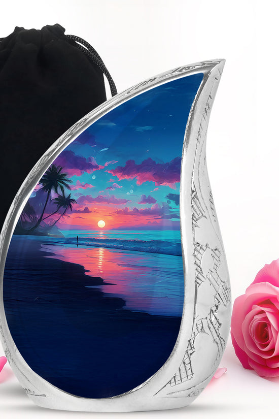 Calming Blue Beach Cremation Urn front view showing detailed design - smooth teardrop contour featuring beach art - full-size 10 inch 200 cubic inch adult cremation urn