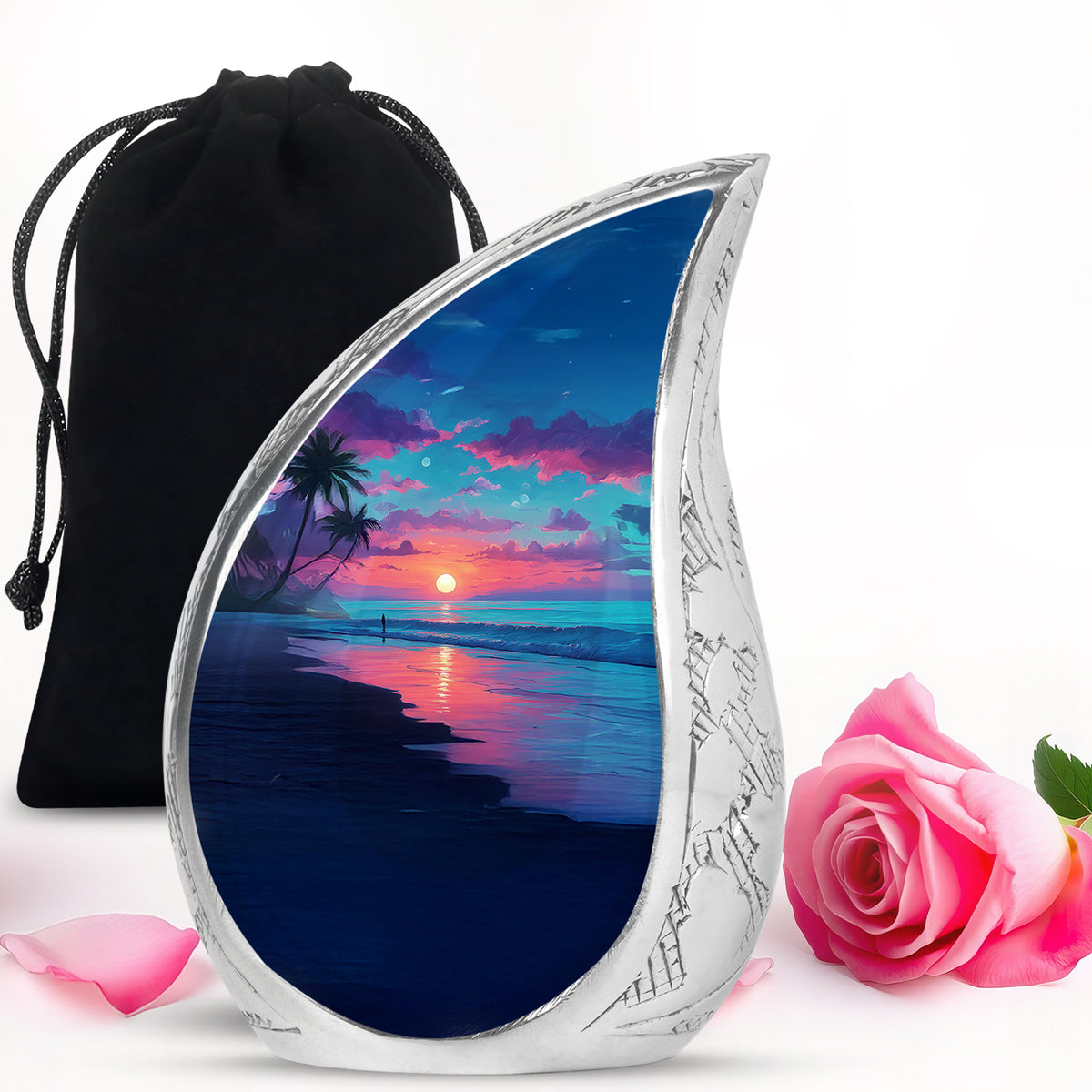 Calming Blue Beach Cremation Urn front view showing detailed design - smooth teardrop contour featuring beach art - full-size 10 inch 200 cubic inch adult cremation urn