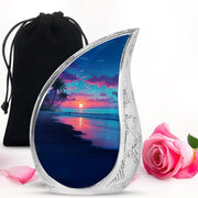 Calming Blue Beach Cremation Urn front view showing detailed design - smooth teardrop contour featuring beach art - full-size 10 inch 200 cubic inch adult cremation urn