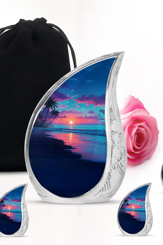 Sky Blue Beach Cremation Urn side profile showing urn shape - flowing teardrop beach silhouette on curved aluminum - memorial set with one large and four small urns