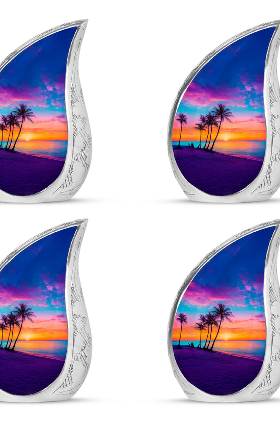 Soft Blue Beach Cremation Urn close-up of engraving and surface detail - smooth teardrop contour featuring beach art - 10 inch aluminum urn for cremated remains