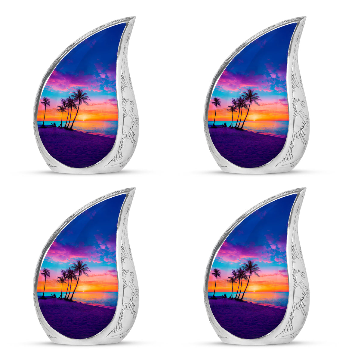 Soft Blue Beach Cremation Urn close-up of engraving and surface detail - smooth teardrop contour featuring beach art - 10 inch aluminum urn for cremated remains