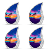 Soft Blue Beach Cremation Urn close-up of engraving and surface detail - smooth teardrop contour featuring beach art - 10 inch aluminum urn for cremated remains