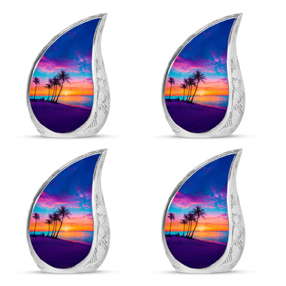 Soft Blue Beach Cremation Urn close-up of engraving and surface detail - smooth teardrop contour featuring beach art - 10 inch aluminum urn for cremated remains