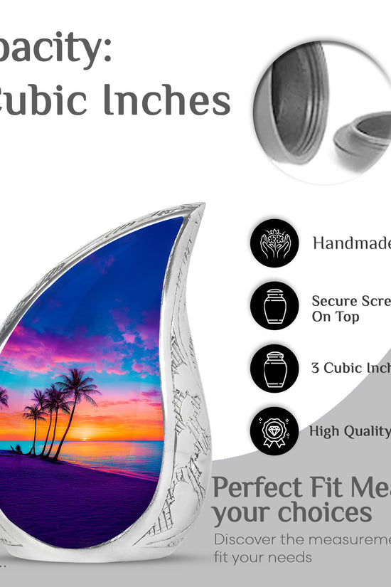 Celestial Blue Beach Cremation Urn angled view of lid and engraved motif - flowing teardrop beach silhouette on curved aluminum - mini keepsake memorial for portion of cremation ashes