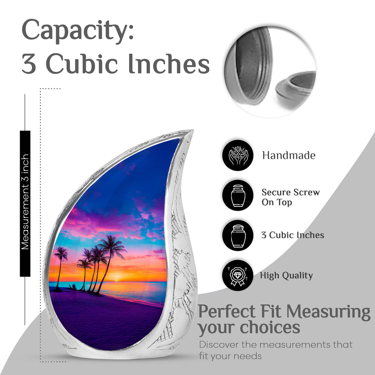 Celestial Blue Beach Cremation Urn angled view of lid and engraved motif - flowing teardrop beach silhouette on curved aluminum - mini keepsake memorial for portion of cremation ashes