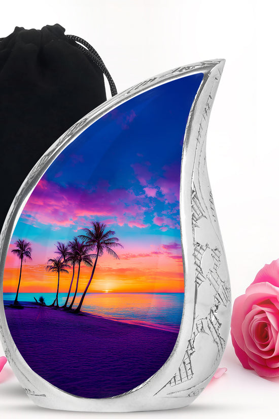 Vivid Blue Beach Cremation Urn front view showing detailed design - graceful tear-shaped urn with beach motif - full-size 10 inch 200 cubic inch adult cremation urn