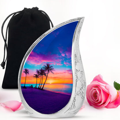 Vivid Blue Beach Cremation Urn front view showing detailed design - graceful tear-shaped urn with beach motif - full-size 10 inch 200 cubic inch adult cremation urn