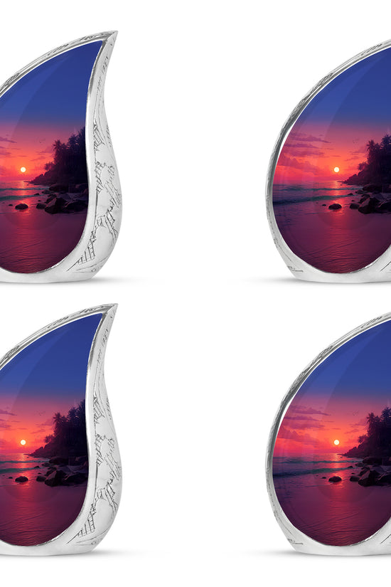 Rose Pink Beach Cremation Urn close-up of engraving and surface detail - rounded teardrop beach design with delicate detail - 10 inch aluminum urn for cremated remains