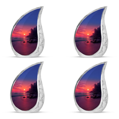 Rose Pink Beach Cremation Urn close-up of engraving and surface detail - rounded teardrop beach design with delicate detail - 10 inch aluminum urn for cremated remains