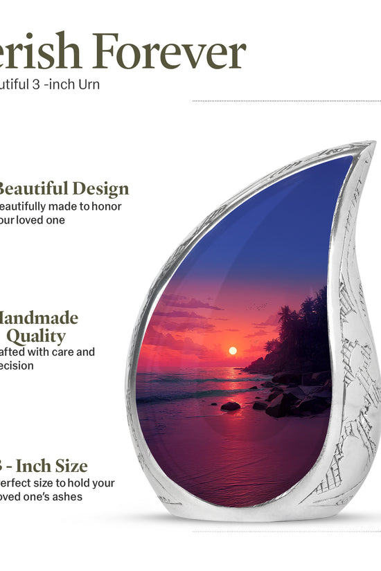 Peony Pink Beach Cremation Urn angled view of lid and engraved motif - flowing teardrop beach silhouette on curved aluminum - mini keepsake memorial for portion of cremation ashes