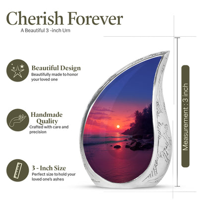 Peony Pink Beach Cremation Urn angled view of lid and engraved motif - flowing teardrop beach silhouette on curved aluminum - mini keepsake memorial for portion of cremation ashes
