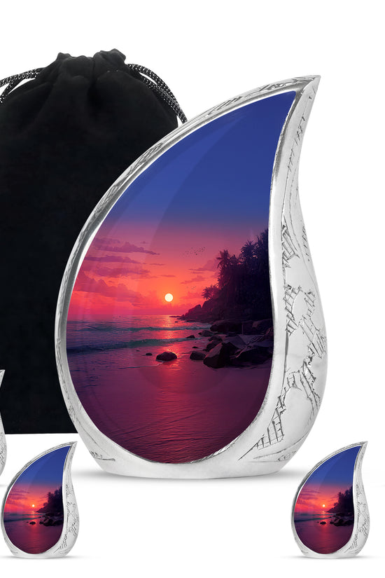 Petal Pink Beach Cremation Urn side profile showing urn shape - graceful tear-shaped urn with beach motif - memorial set with one large and four small urns
