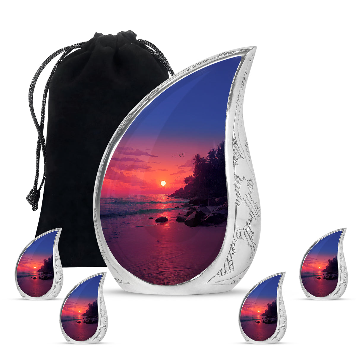 Petal Pink Beach Cremation Urn side profile showing urn shape - graceful tear-shaped urn with beach motif - memorial set with one large and four small urns