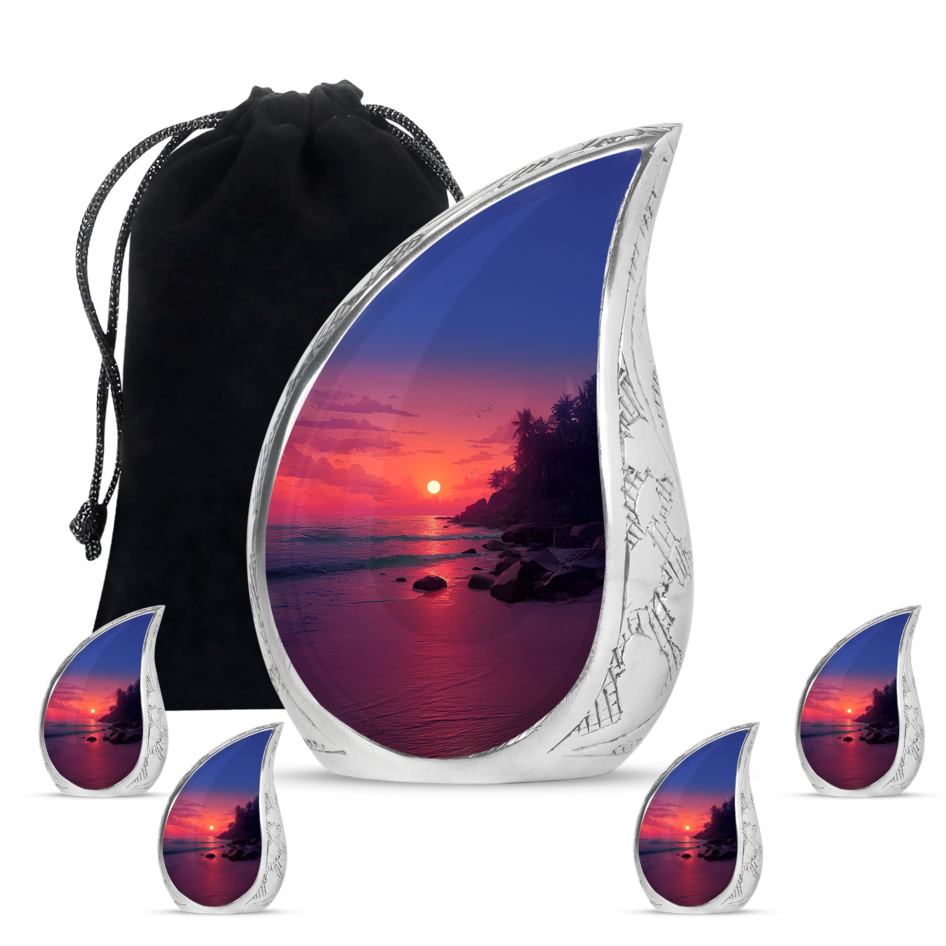Petal Pink Beach Cremation Urn side profile showing urn shape - graceful tear-shaped urn with beach motif - memorial set with one large and four small urns