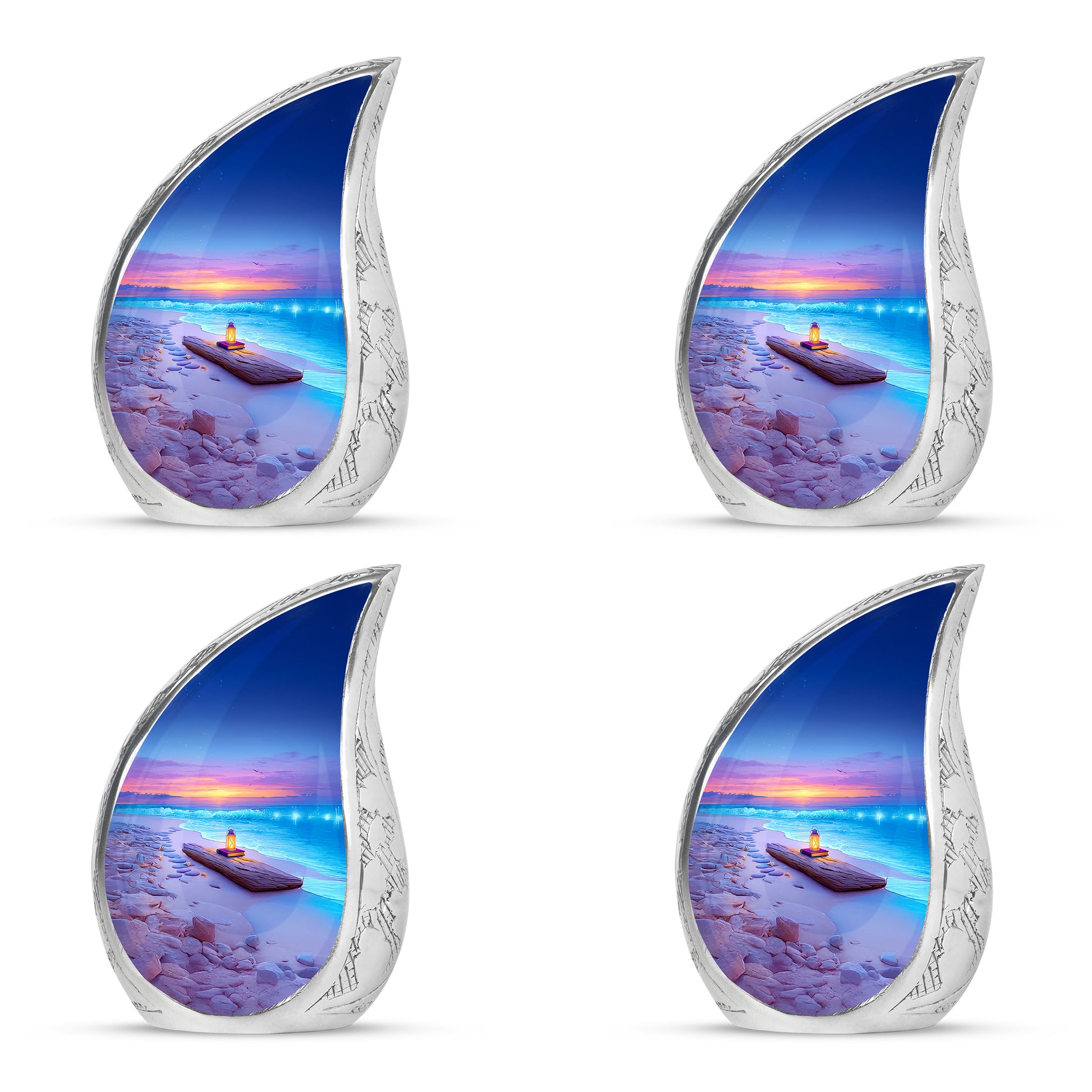 Steel Blue Beach Cremation Urn close-up of engraving and surface detail - smooth teardrop contour featuring beach art - 10 inch aluminum urn for cremated remains
