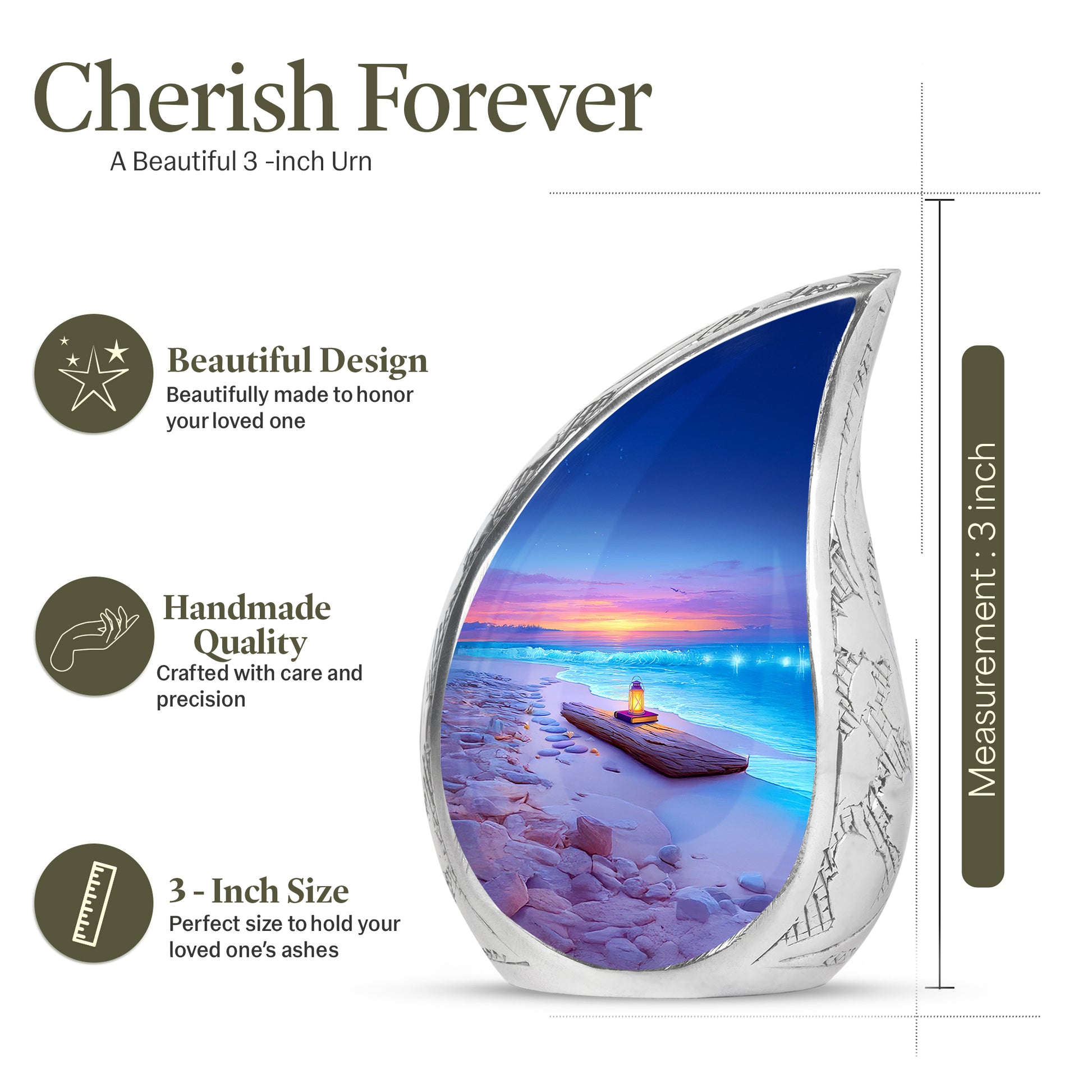 Indigo Beach Cremation Urn angled view of lid and engraved motif - rounded teardrop beach design with delicate detail - mini keepsake memorial for portion of cremation ashes