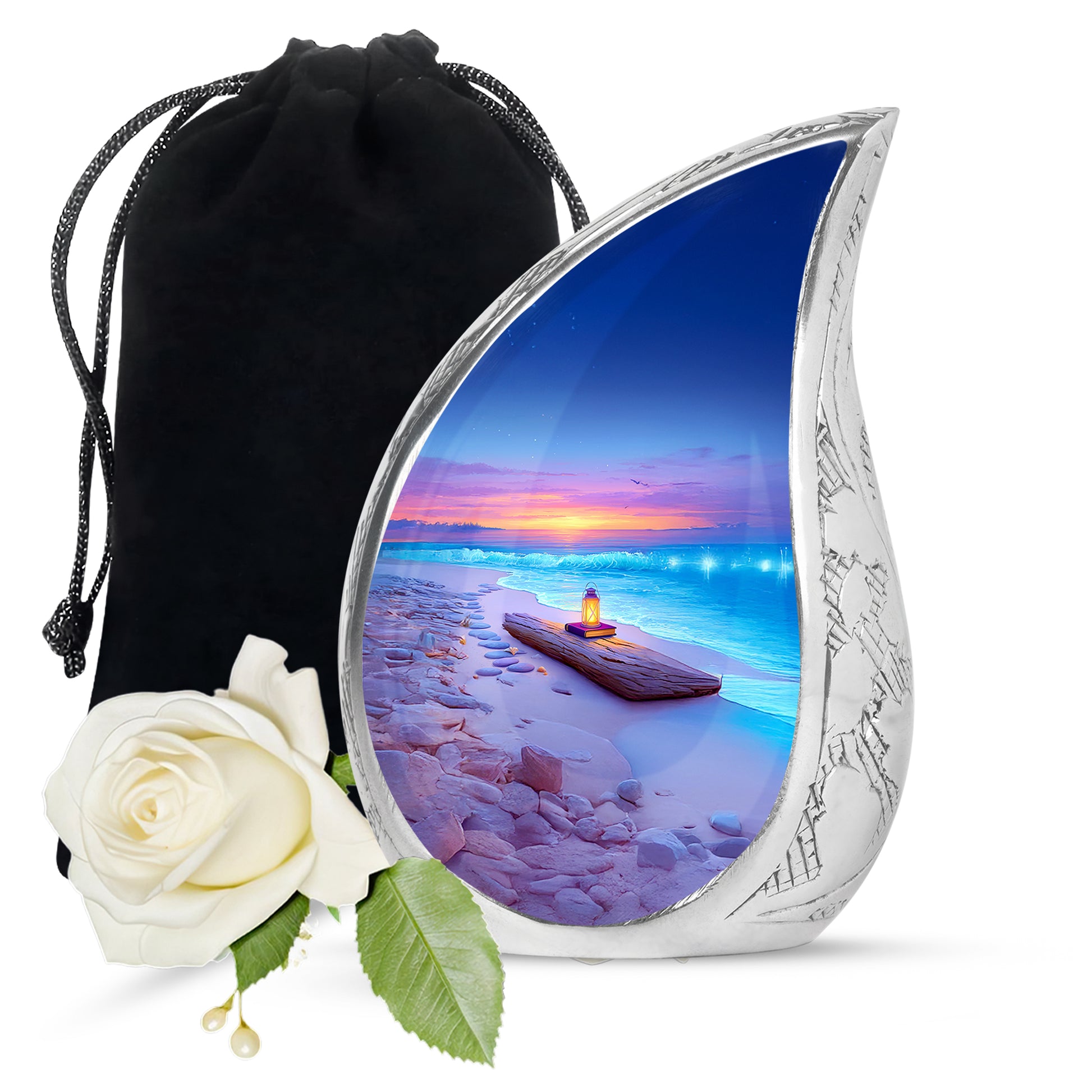 Sapphire Blue Beach Cremation Urn front view showing detailed design - graceful tear-shaped urn with beach motif - full-size 10 inch 200 cubic inch adult cremation urn