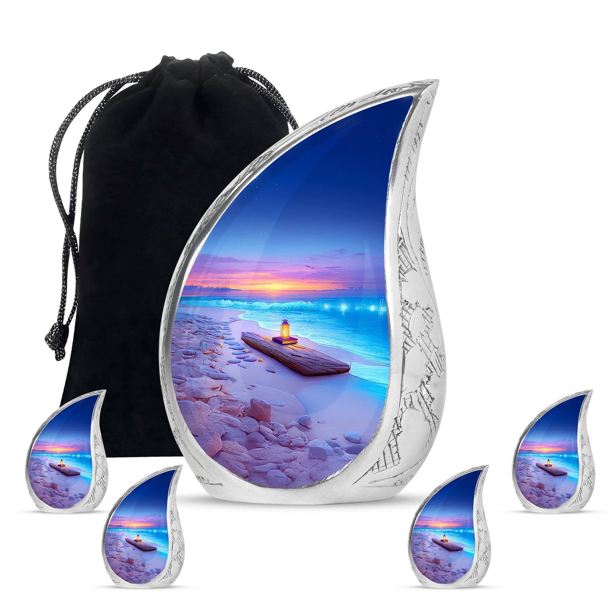 Soft Blue Beach Cremation Urn side profile showing urn shape - graceful tear-shaped urn with beach motif - memorial set with one large and four small urns
