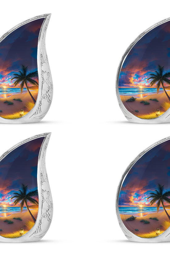 Sapphire Blue Beach Cremation Urn close-up of engraving and surface detail - graceful tear-shaped urn with beach motif - 10 inch aluminum urn for cremated remains